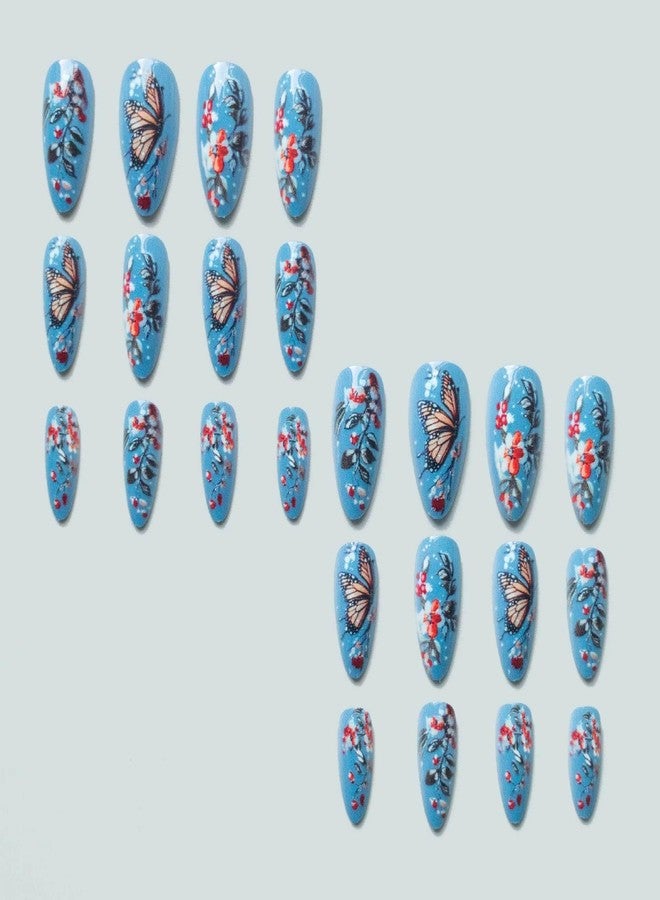 OCOUYVD Press on Nails Almond Stiletto Heel Fake Nails with Flower Butterfly Designs Spring Summer Nails Glue Nails Glossy Blue Brown Acrylic Full Cover Nails False Nails Tip Stick on Nails for Women 24PCS - Image 2